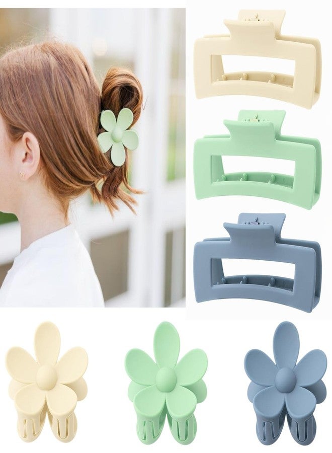 DOGODE 6 Pack Large Claw Clips for Women, Square & Flower Hair Clips for Thick Hair, Matte green & blue Colors - Image 1